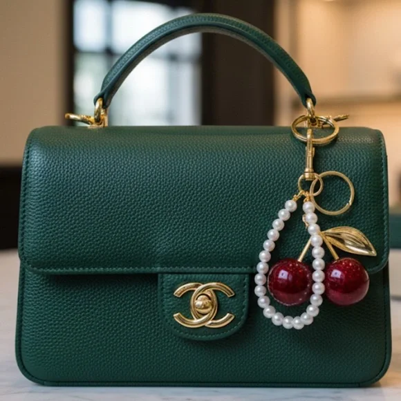 ✨NEW Pearl Gold tone Cherry keychain charm - Picture 4 of 7